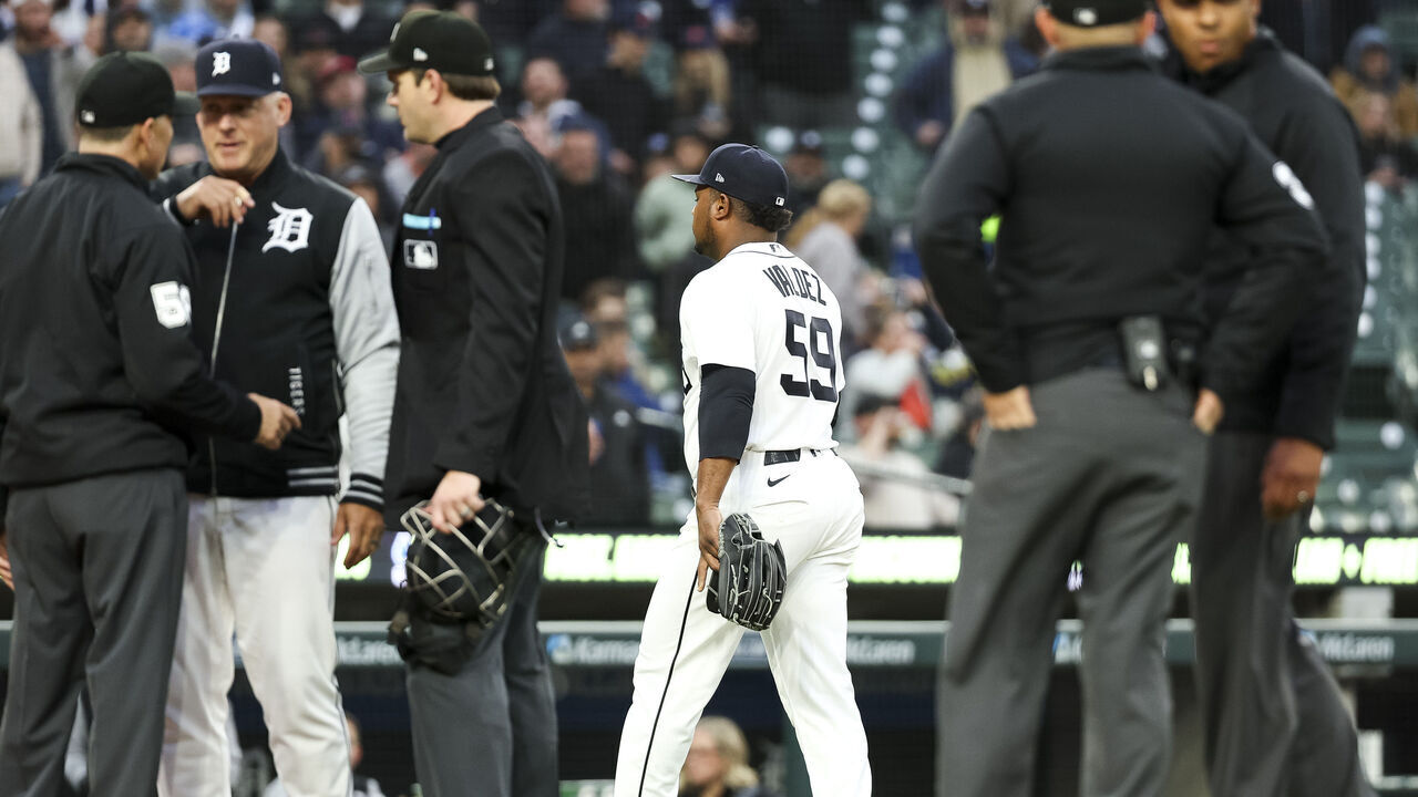 DETROIT, MICHIGAN - MAY 05: Framber Valdez #59 of the Detroit Tigers walks to the clubhouse after being ejected from the game during the fourth inning of the game against the Boston Red Sox at Comerica Park on May 05, 2026 in Detroit, Michigan.