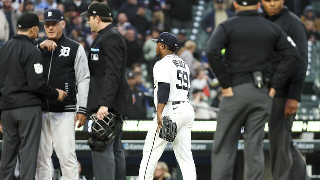 DETROIT, MICHIGAN - MAY 05: Framber Valdez #59 of the Detroit Tigers walks to the clubhouse after being ejected from the game during the fourth inning of the game against the Boston Red Sox at Comerica Park on May 05, 2026 in Detroit, Michigan.