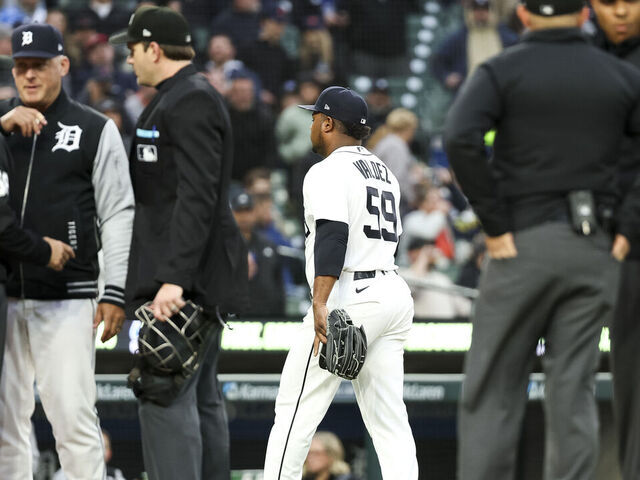 DETROIT, MICHIGAN - MAY 05: Framber Valdez #59 of the Detroit Tigers walks to the clubhouse after being ejected from the game during the fourth inning of the game against the Boston Red Sox at Comerica Park on May 05, 2026 in Detroit, Michigan.