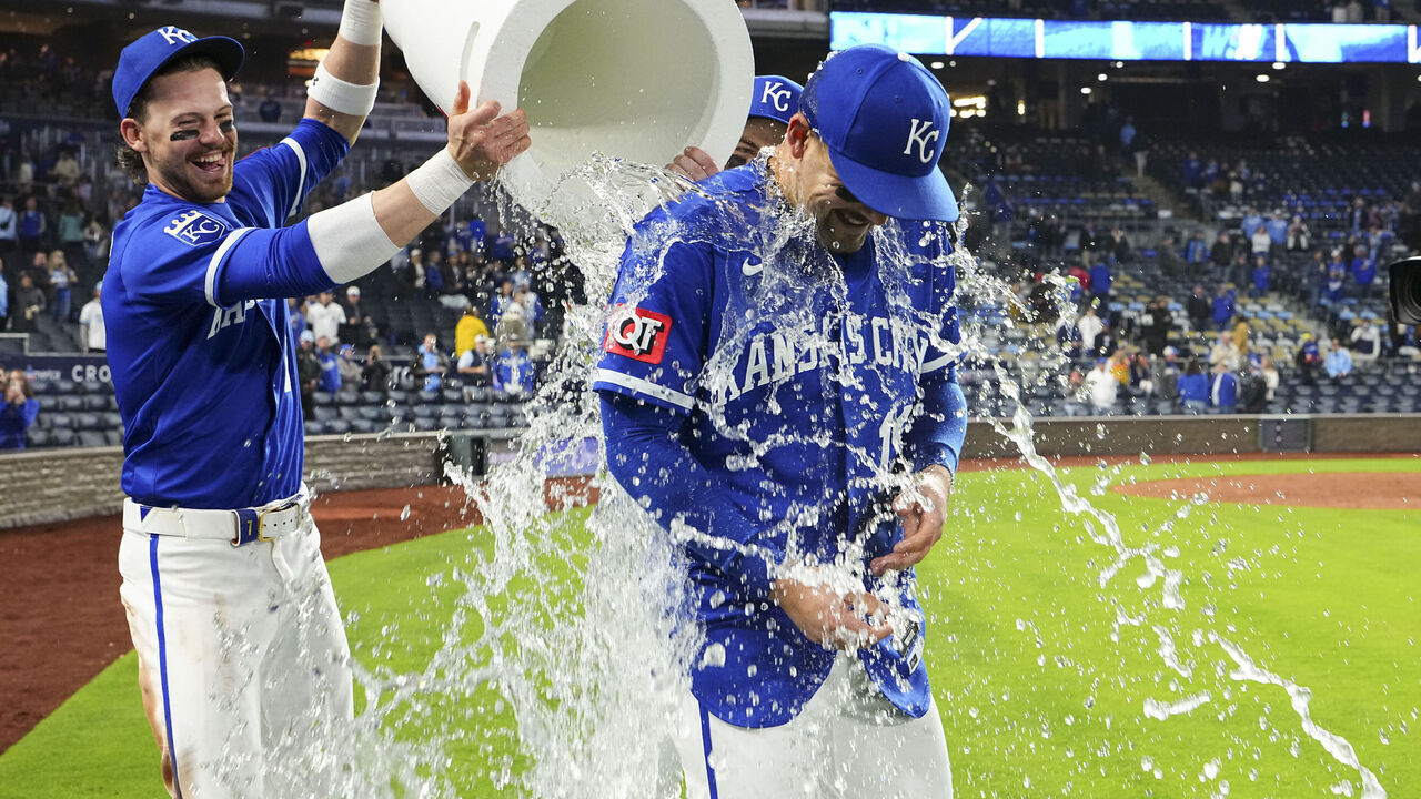 KANSAS CITY, MO - MAY 05: Michael Massey #19 of the Kansas City Royals is splashed with water after the Royals defeated the Cleveland Guardians at Kauffman Stadium on Tuesday, May 5, 2026 in Kansas City, Missouri.