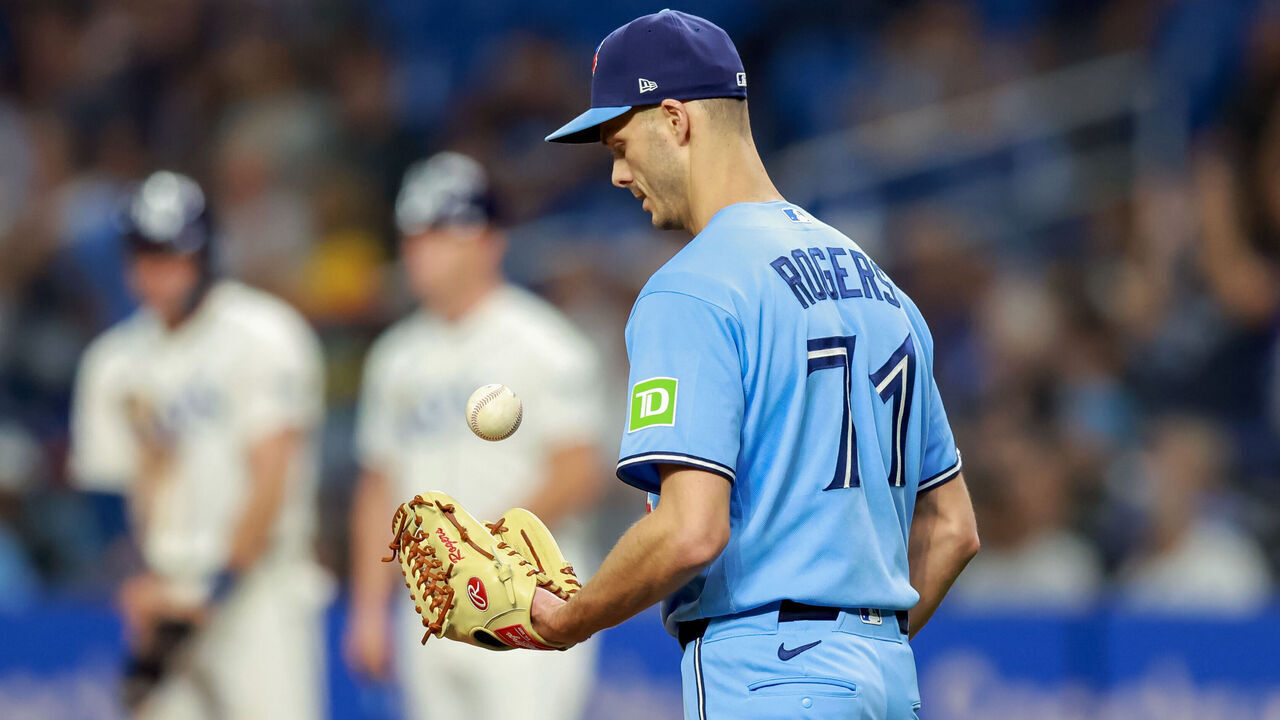 ST. PETERSBURG, FL - MAY 5: Tyler Rogers #71 of the Toronto Blue Jays reacts after giving up the go-ahead run against the Tampa Bay Rays during the eighth inning of the baseball game at Tropicana Field on May 5, 2026 in St. Petersburg, Florida.