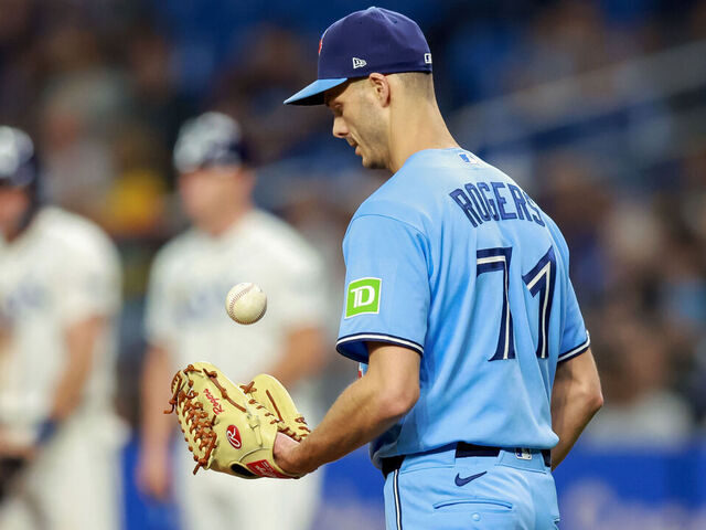 ST. PETERSBURG, FL - MAY 5: Tyler Rogers #71 of the Toronto Blue Jays reacts after giving up the go-ahead run against the Tampa Bay Rays during the eighth inning of the baseball game at Tropicana Field on May 5, 2026 in St. Petersburg, Florida.