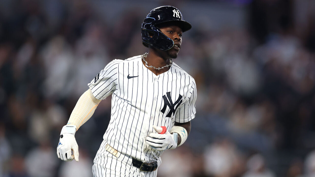 NEW YORK, NEW YORK - MAY 05: Jazz Chisholm Jr. #13 of the New York Yankees rounds the bases after hitting a home run in the sixth inning against Jacob Degrom #48 of the Texas Rangers during their game at Yankee Stadium on May 05, 2026 in New York City.