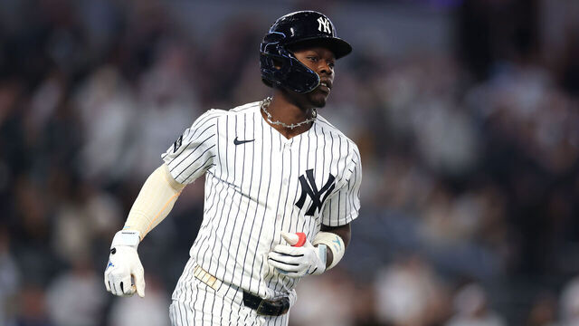 NEW YORK, NEW YORK - MAY 05: Jazz Chisholm Jr. #13 of the New York Yankees rounds the bases after hitting a home run in the sixth inning against Jacob Degrom #48 of the Texas Rangers during their game at Yankee Stadium on May 05, 2026 in New York City.