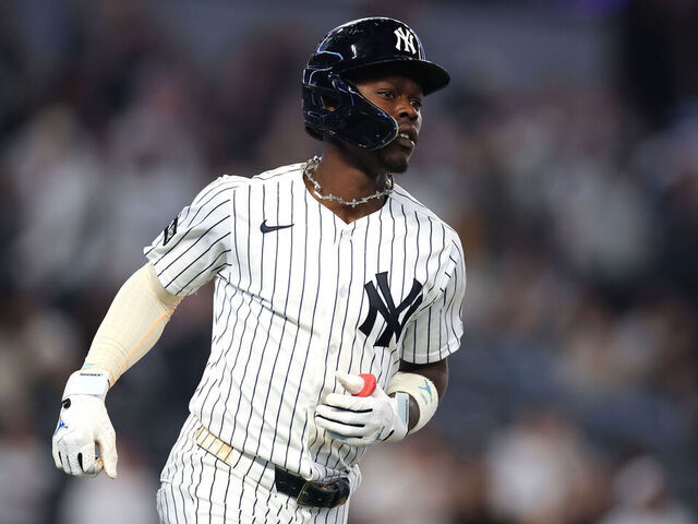 NEW YORK, NEW YORK - MAY 05: Jazz Chisholm Jr. #13 of the New York Yankees rounds the bases after hitting a home run in the sixth inning against Jacob Degrom #48 of the Texas Rangers during their game at Yankee Stadium on May 05, 2026 in New York City.