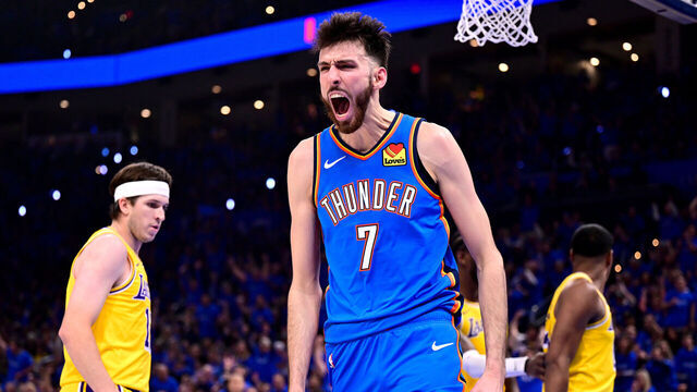 OKLAHOMA CITY, OKLAHOMA - MAY 05: Chet Holmgren #7 of the Oklahoma City Thunder reacts during the second quarter of a game against the Los Angeles Lakers in Game One of the Second Round of the NBA Western Conference Playoffs at Paycom Center on May 05, 2026 in Oklahoma City, Oklahoma.