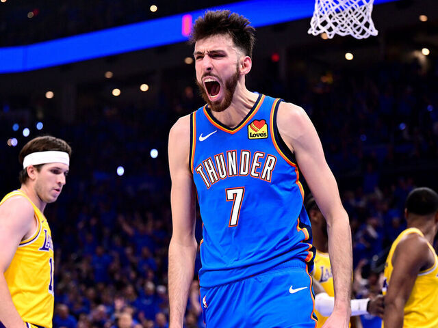 OKLAHOMA CITY, OKLAHOMA - MAY 05: Chet Holmgren #7 of the Oklahoma City Thunder reacts during the second quarter of a game against the Los Angeles Lakers in Game One of the Second Round of the NBA Western Conference Playoffs at Paycom Center on May 05, 2026 in Oklahoma City, Oklahoma.