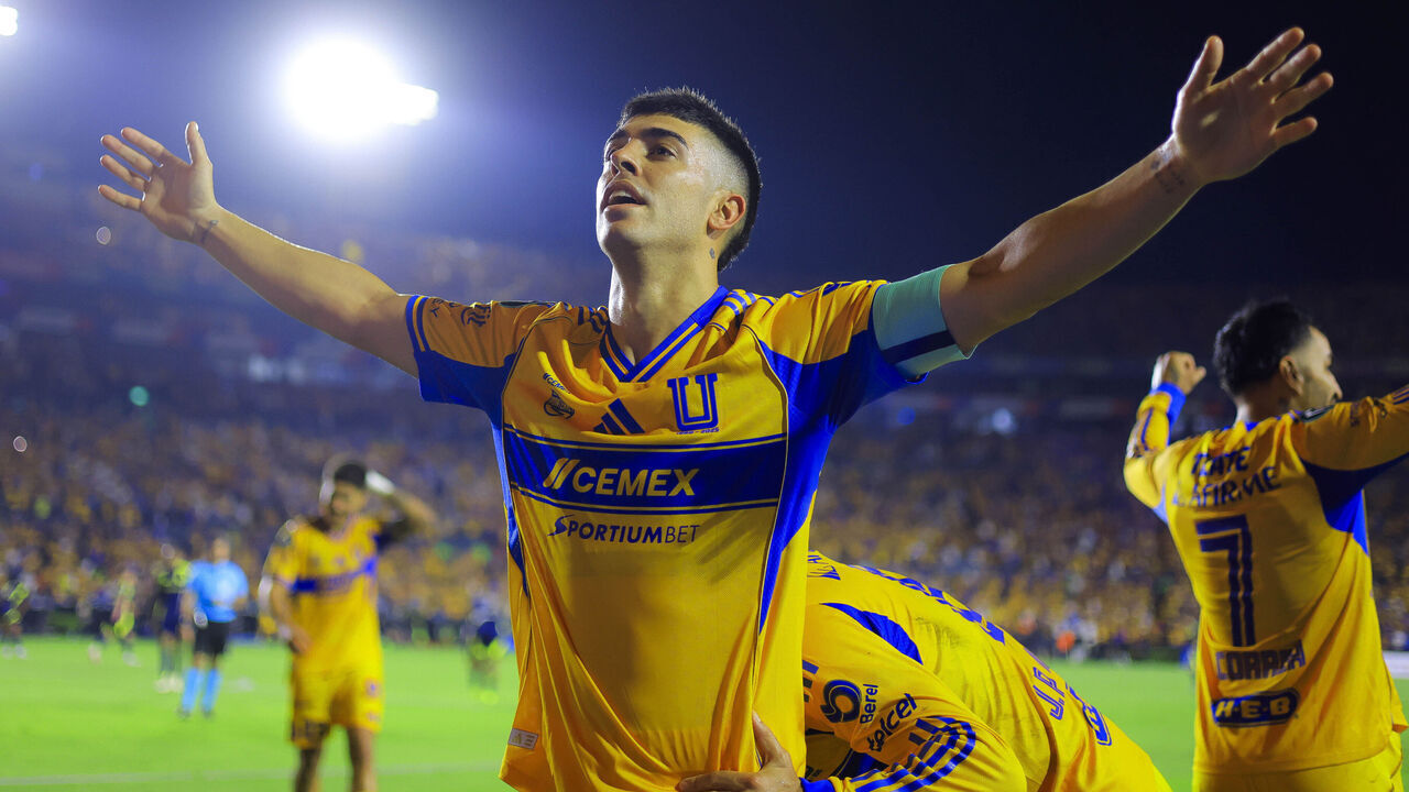 MONTERREY, MEXICO - MAY 5: Juan Brunetta of Tigres UANL celebrates after the first goal of his team during the second leg of the semi-final match of the CONCACAF Champions Cup 2026 between Tigres UANL and Nashville SC at Estadio Universitario on May 5, 2026 in Monterrey, Mexico.
