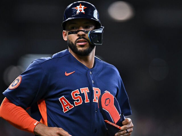 HOUSTON, TEXAS - APRIL 26: Carlos Correa #1 of the Houston Astros runs up the first base line after being walked in in the fifth inning against the New York Yankees at Daikin Park on April 26, 2026 in Houston, Texas.
