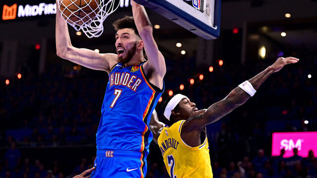 OKLAHOMA CITY, OKLAHOMA - MAY 05: Chet Holmgren #7 of the Oklahoma City Thunder dunks against Rui Hachimura #28 and Jarred Vanderbilt #2 of the Los Angeles Lakers during the second quarter in Game One of the Second Round of the NBA Western Conference Playoffs at Paycom Center on May 05, 2026 in Oklahoma City, Oklahoma.