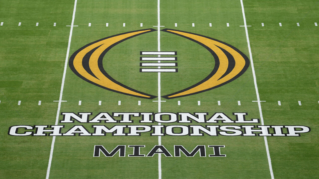MIAMI GARDENS, FL - JANUARY 19: the CFP logo is displayed at midfield for the CFB National Championship game between the Miami Hurricanes and the Indiana Hoosiers on Monday, January 19, 2026 at Hard Rock Stadium on Miami Gardens, FL