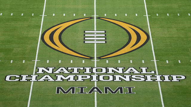MIAMI GARDENS, FL - JANUARY 19: the CFP logo is displayed at midfield for the CFB National Championship game between the Miami Hurricanes and the Indiana Hoosiers on Monday, January 19, 2026 at Hard Rock Stadium on Miami Gardens, FL