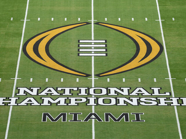 MIAMI GARDENS, FL - JANUARY 19: the CFP logo is displayed at midfield for the CFB National Championship game between the Miami Hurricanes and the Indiana Hoosiers on Monday, January 19, 2026 at Hard Rock Stadium on Miami Gardens, FL