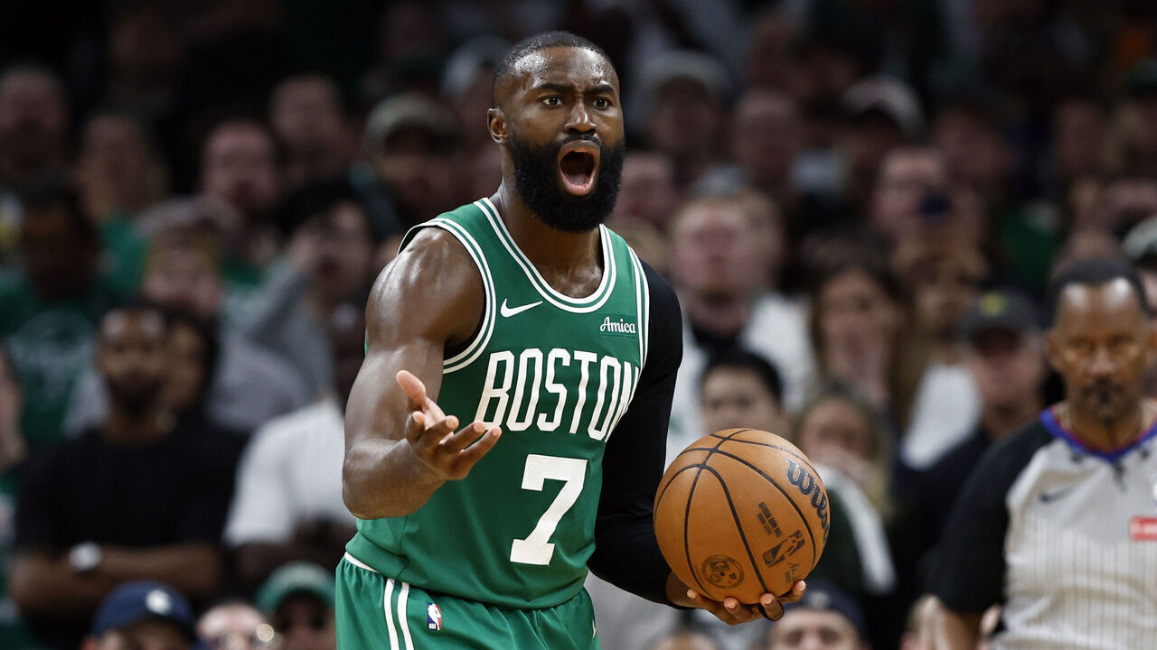 Boston, MA - May 2: Boston Celtics guard Jaylen Brown reacts to a travel call in the fourth quarter. The Boston Celtics and Philadelphia 76ers played in the first round of the NBA Playoffs at TD Garden on May 2, 2026.