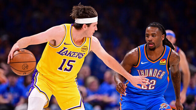 OKLAHOMA CITY, OKLAHOMA - MAY 05: Cason Wallace #22 of the Oklahoma City Thunder defends Austin Reaves #15 of the Los Angeles Lakers during the first quarter in Game One of the Second Round of the NBA Western Conference Playoffs at Paycom Center on May 05, 2026 in Oklahoma City, Oklahoma.
