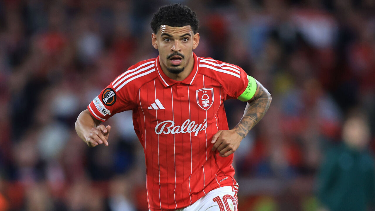 NOTTINGHAM, ENGLAND - APRIL 30: Morgan Gibbs-White of Nottingham Forest on the ball during the UEFA Europa League 2025/26 Semi-Final First Leg match between Nottingham Forest FC and Aston Villa FC at City Ground on April 30, 2026 in Nottingham, England.