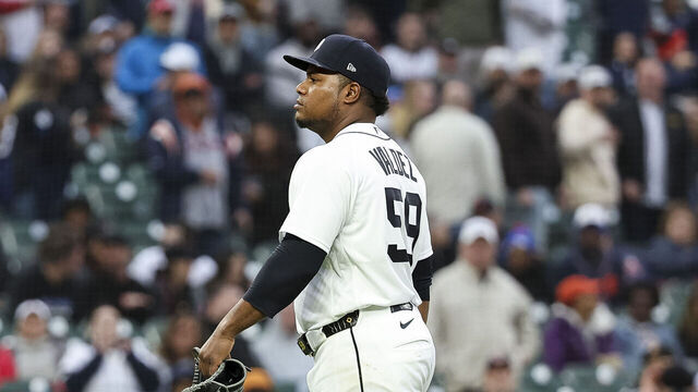 DETROIT, MICHIGAN - MAY 05: Framber Valdez #59 of the Detroit Tigers walks to the clubhouse after being ejected from the game during the fourth inning of the game against the Boston Red Sox at Comerica Park on May 05, 2026 in Detroit, Michigan.