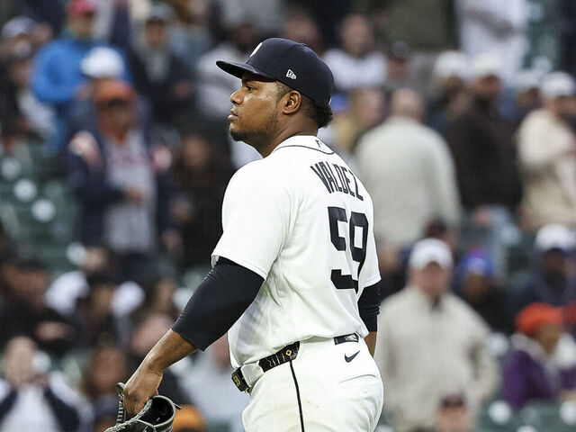 DETROIT, MICHIGAN - MAY 05: Framber Valdez #59 of the Detroit Tigers walks to the clubhouse after being ejected from the game during the fourth inning of the game against the Boston Red Sox at Comerica Park on May 05, 2026 in Detroit, Michigan.