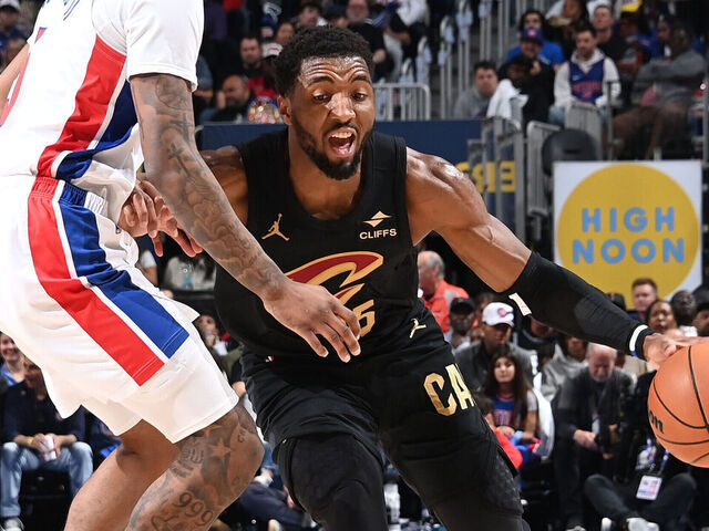 DETROIT, MI - MAY 5: Donovan Mitchell #45 of the Cleveland Cavaliers drives to the basket during the game against the Detroit Pistons during Round Two Game One of the 2026 NBA Playoffs on May 5, 2026 at Little Caesars Arena in Detroit, Michigan. NOTE TO USER: User expressly acknowledges and agrees that, by downloading and/or using this photograph, User is consenting to the terms and conditions of the Getty Images License Agreement. Mandatory Copyright Notice: Copyright 2026 NBAE