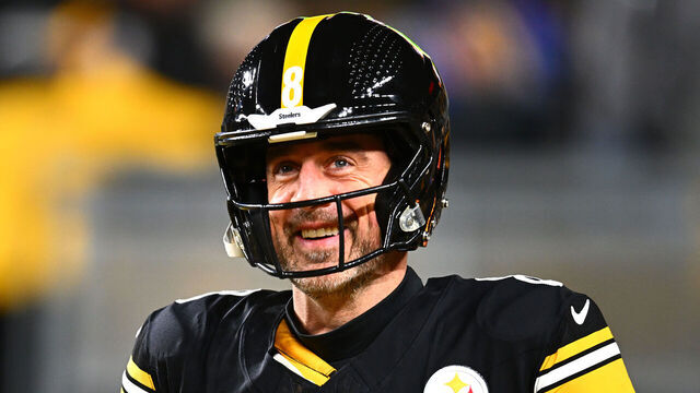 PITTSBURGH, PENNSYLVANIA - JANUARY 12: Aaron Rodgers #8 of the Pittsburgh Steelers warms up before the game against the Houston Texans at Acrisure Stadium on January 12, 2026 in Pittsburgh, Pennsylvania.