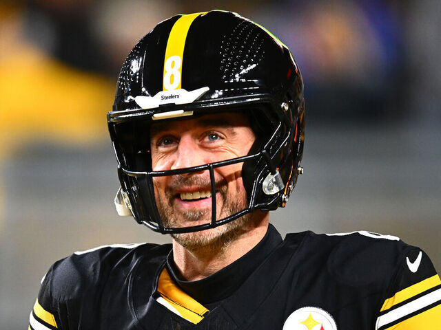 PITTSBURGH, PENNSYLVANIA - JANUARY 12: Aaron Rodgers #8 of the Pittsburgh Steelers warms up before the game against the Houston Texans at Acrisure Stadium on January 12, 2026 in Pittsburgh, Pennsylvania.
