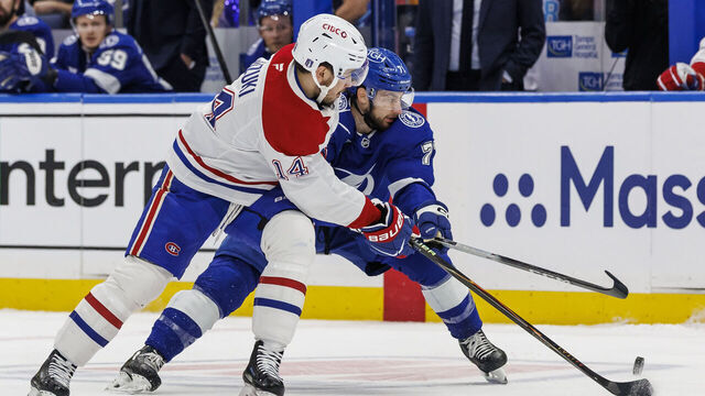 TAMPA, FL - MAY 3: Anthony Cirelli #71 of the Tampa Bay Lightning skates against Nick Suzuki #14 of the Montreal Canadiens in Game Seven of the First Round of the 2026 Stanley Cup Playoffs at Benchmark International Arena on May 3, 2026 in Tampa, Florida.