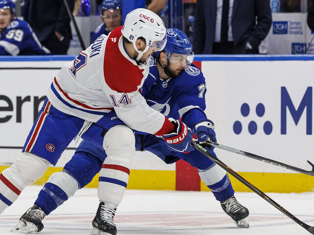 TAMPA, FL - MAY 3: Anthony Cirelli #71 of the Tampa Bay Lightning skates against Nick Suzuki #14 of the Montreal Canadiens in Game Seven of the First Round of the 2026 Stanley Cup Playoffs at Benchmark International Arena on May 3, 2026 in Tampa, Florida.