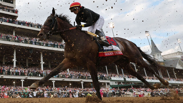LOUISVILLE, KENTUCKY - MAY 02: Golden Tempo #19, ridden by jockey Jose Ortiz, heads to the first turn the 152nd running of the Kentucky Derby at Churchill Downs on May 02, 2026 in Louisville, Kentucky.