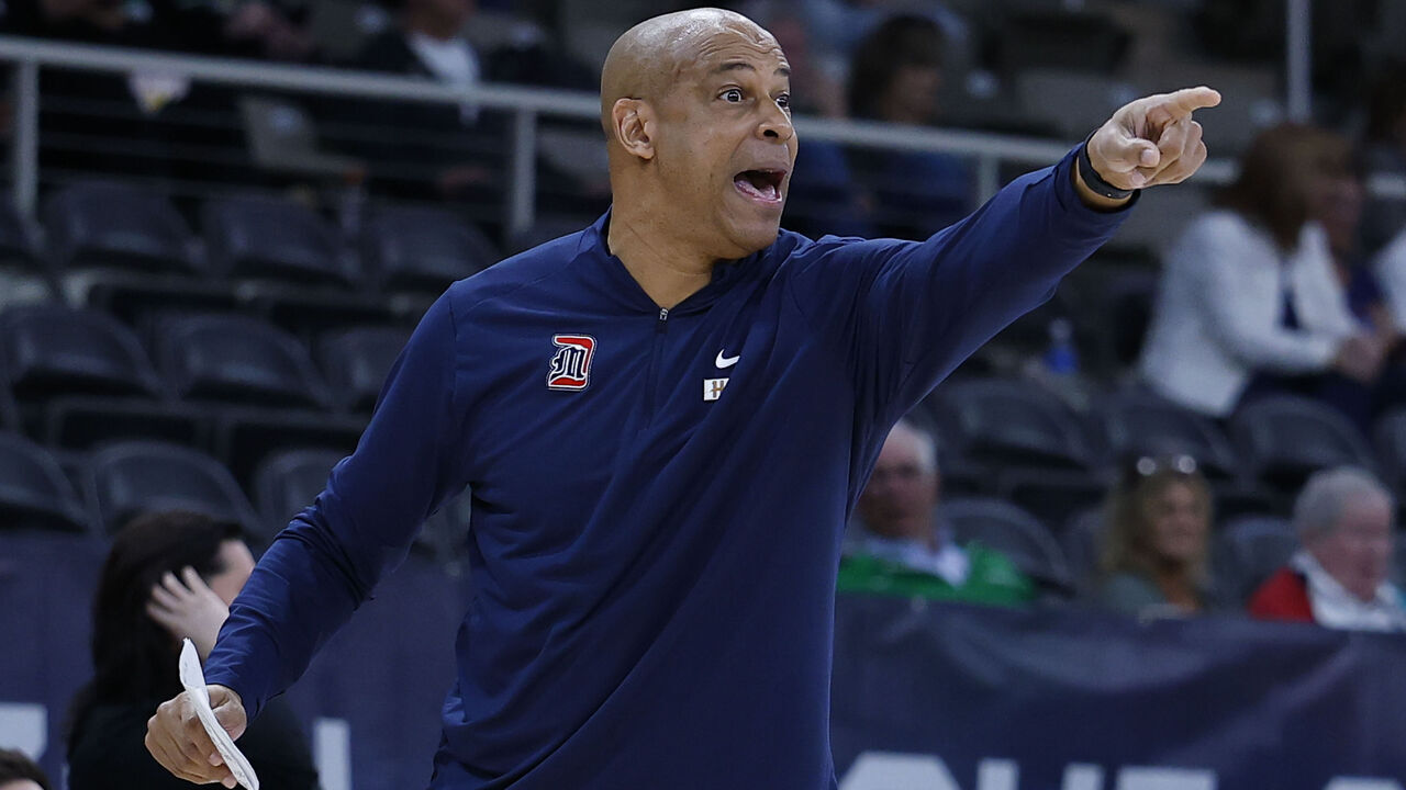 INDIANAPOLIS, IN - MARCH 09: Detroit Mercy Titans head coach Mark Montgomery gives instructions to his team during the first half during the men's Horizon League Tournament college basketball game between the Robert Morris Colonials and the Detroit Mercy Titans on March 09, 2026 at Corteva Coliseum in Indianapolis, IN.