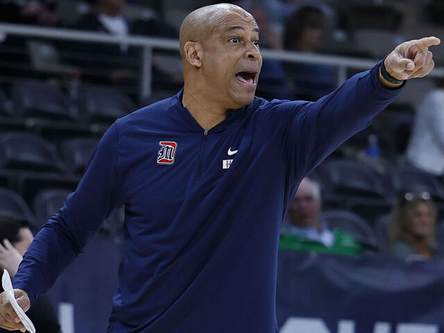 INDIANAPOLIS, IN - MARCH 09: Detroit Mercy Titans head coach Mark Montgomery gives instructions to his team during the first half during the men's Horizon League Tournament college basketball game between the Robert Morris Colonials and the Detroit Mercy Titans on March 09, 2026 at Corteva Coliseum in Indianapolis, IN.