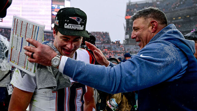 DENVER, CO - JANUARY 25: New England Patriots quarterback Drake Maye (10) and head coach Mike Vrabel celebrate after a win against the Denver Broncos in the AFC Championship Game at Empower Field at Mile High on January 25, 2026 in Denver, Colorado.