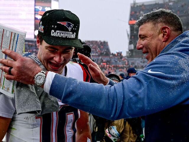 DENVER, CO - JANUARY 25: New England Patriots quarterback Drake Maye (10) and head coach Mike Vrabel celebrate after a win against the Denver Broncos in the AFC Championship Game at Empower Field at Mile High on January 25, 2026 in Denver, Colorado.