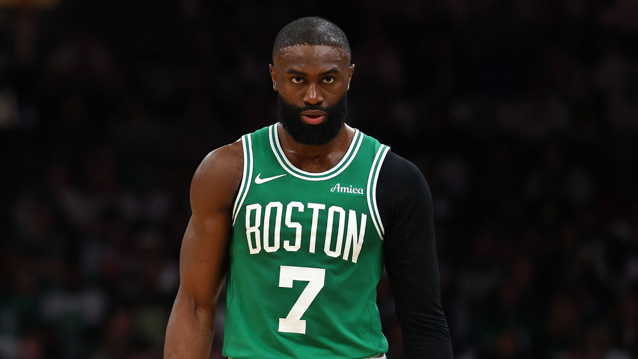 BOSTON, MASSACHUSETTS - MAY 02: Jaylen Brown #7 of the Boston Celtics looks on during the second quarter of a game against the Philadelphia 76ers in Game Seven of the First Round of the NBA Eastern Conference Playoffs at TD Garden on May 02, 2026 in Boston, Massachusetts.