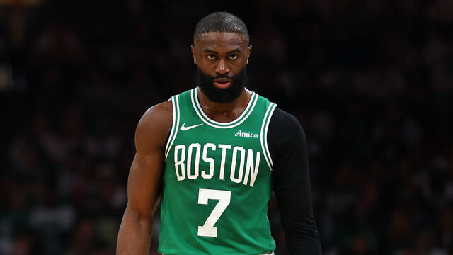 BOSTON, MASSACHUSETTS - MAY 02: Jaylen Brown #7 of the Boston Celtics looks on during the second quarter of a game against the Philadelphia 76ers in Game Seven of the First Round of the NBA Eastern Conference Playoffs at TD Garden on May 02, 2026 in Boston, Massachusetts.