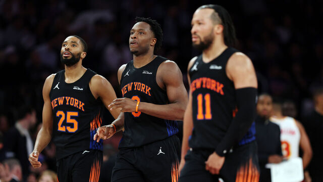 NEW YORK, NEW YORK - APRIL 28: Mikal Bridges #25, Og Anunoby #8, and Jalen Brunson #11 of the New York Knicks in action during Game Five of the Eastern Conference First Round NBA Playoffs against the Atlanta Hawks at Madison Square Garden on April 28, 2026 in New York City. The Knicks won 126-97.