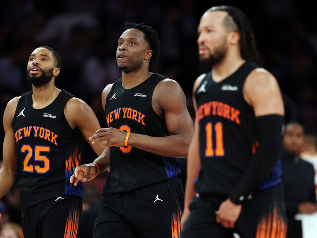 NEW YORK, NEW YORK - APRIL 28: Mikal Bridges #25, Og Anunoby #8, and Jalen Brunson #11 of the New York Knicks in action during Game Five of the Eastern Conference First Round NBA Playoffs against the Atlanta Hawks at Madison Square Garden on April 28, 2026 in New York City. The Knicks won 126-97.