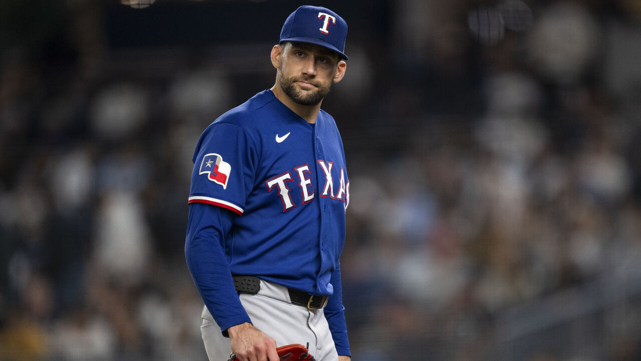 NEW YORK, NY - MAY 06: Nathan Eovaldi #17 of the Texas Rangers looks on during the game between the Texas Rangers and the New York Yankees at Yankee Stadium on Wednesday, May 6, 2026 in New York, New York.
