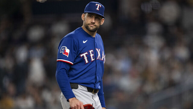 NEW YORK, NY - MAY 06: Nathan Eovaldi #17 of the Texas Rangers looks on during the game between the Texas Rangers and the New York Yankees at Yankee Stadium on Wednesday, May 6, 2026 in New York, New York.