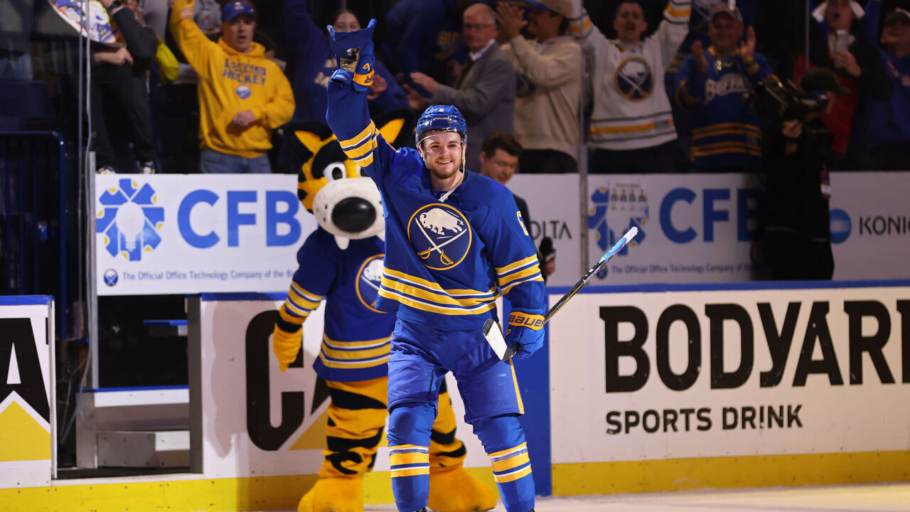 BUFFALO, NEW YORK - MAY 06: Zach Benson #6 of the Buffalo Sabres receives a star of the game following Game One of the Second Round of the 2026 Stanley Cup Playoffs against the Montréal Canadiens at KeyBank Center on May 06, 2026 in Buffalo, New York.