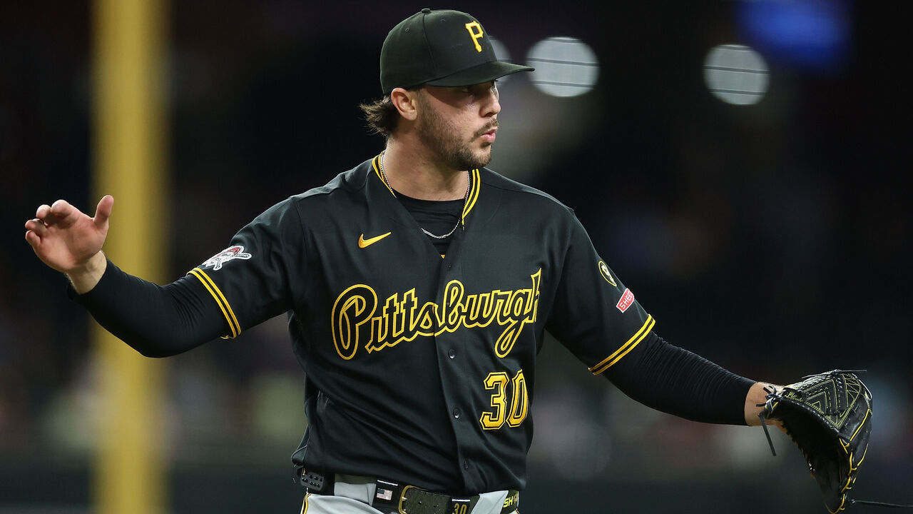 PHOENIX, ARIZONA - MAY 06: Starting pitcher Paul Skenes #30 of the Pittsburgh Pirates reacts after pitching out of the eighth inning of the MLB game against the Arizona Diamondbacks at Chase Field on May 06, 2026 in Phoenix, Arizona.