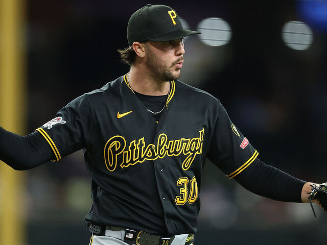 PHOENIX, ARIZONA - MAY 06: Starting pitcher Paul Skenes #30 of the Pittsburgh Pirates reacts after pitching out of the eighth inning of the MLB game against the Arizona Diamondbacks at Chase Field on May 06, 2026 in Phoenix, Arizona.