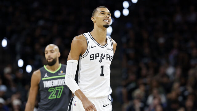 SAN ANTONIO, TEXAS - MAY 06: Victor Wembanyama #1 of the San Antonio Spurs reacts during the third quarter against the Minnesota Timberwolves in Game Two of the Second Round of the NBA Western Conference Playoffs at Frost Bank Center on May 06, 2026 in San Antonio, Texas.
