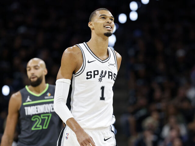SAN ANTONIO, TEXAS - MAY 06: Victor Wembanyama #1 of the San Antonio Spurs reacts during the third quarter against the Minnesota Timberwolves in Game Two of the Second Round of the NBA Western Conference Playoffs at Frost Bank Center on May 06, 2026 in San Antonio, Texas.