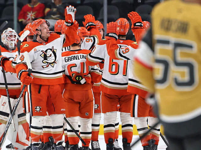 LAS VEGAS, NEVADA - MAY 06: Members of the Anaheim Ducks celebrate after their 3-1 victory against the Vegas Golden Knights in Game Two of the Second Round of the 2026 Stanley Cup Playoffs at T-Mobile Arena on May 06, 2026 in Las Vegas, Nevada.