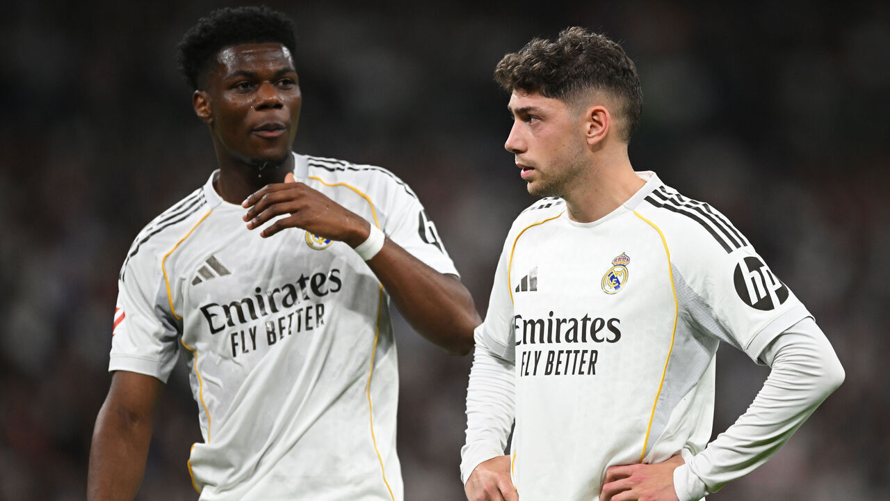 MADRID, SPAIN - APRIL 10: Aurelien Tchouameni and Federico Valverde of Real Madrid look on during the LaLiga EA Sports match between Real Madrid CF and Girona FC at Estadio Santiago Bernabeu on April 10, 2026 in Madrid, Spain.