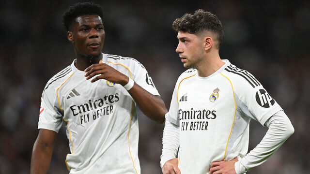 MADRID, SPAIN - APRIL 10: Aurelien Tchouameni and Federico Valverde of Real Madrid look on during the LaLiga EA Sports match between Real Madrid CF and Girona FC at Estadio Santiago Bernabeu on April 10, 2026 in Madrid, Spain.