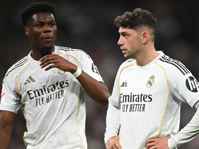 MADRID, SPAIN - APRIL 10: Aurelien Tchouameni and Federico Valverde of Real Madrid look on during the LaLiga EA Sports match between Real Madrid CF and Girona FC at Estadio Santiago Bernabeu on April 10, 2026 in Madrid, Spain.
