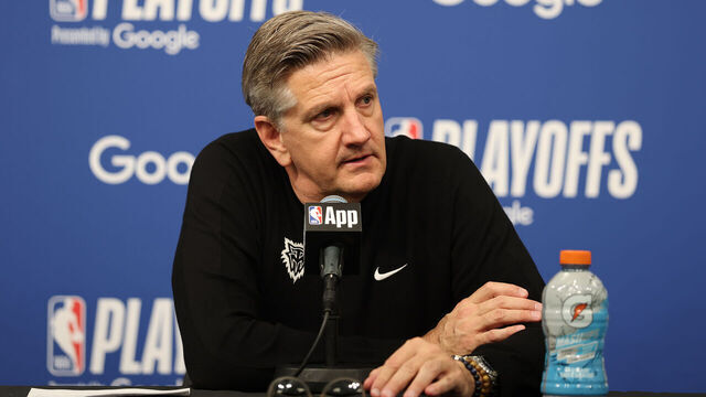 MINNEAPOLIS, MN - APRIL 30: Head Coach Chris Finch of the Minnesota Timberwolves is interviewed by the media after the game against the Denver Nuggets during Round One Game Six of the 2026 NBA Playoffs on April 30, 2026 at Target Center in Minneapolis, Minnesota. Mandatory Copyright Notice: Copyright 2026 NBAE
