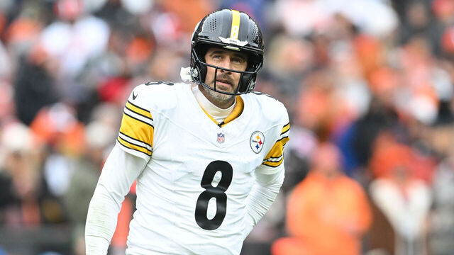 CLEVELAND, OHIO - DECEMBER 28: Aaron Rodgers #8 of the Pittsburgh Steelers looks on during the third quarter against the Cleveland Browns at Huntington Bank Field on December 28, 2025 in Cleveland, Ohio.