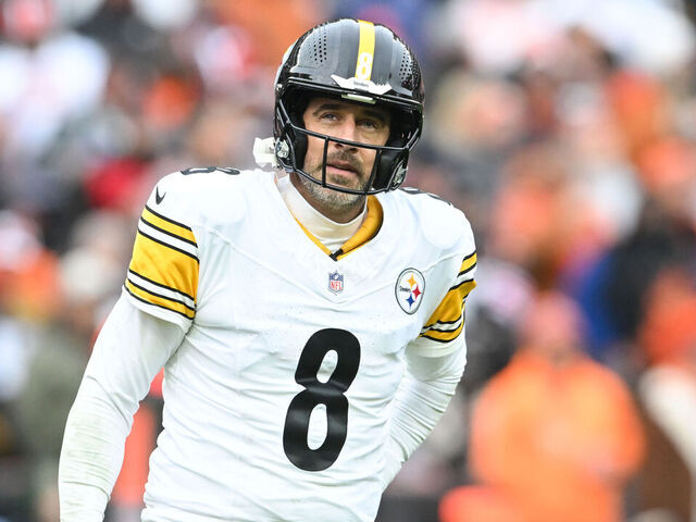 CLEVELAND, OHIO - DECEMBER 28: Aaron Rodgers #8 of the Pittsburgh Steelers looks on during the third quarter against the Cleveland Browns at Huntington Bank Field on December 28, 2025 in Cleveland, Ohio.